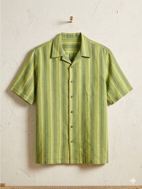 Tommy Bahama Pale Green and Teal Striped Silk Camp Shirt